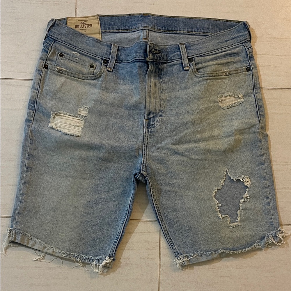 Hollister Men's Faded Blue Ripped Jean Shorts